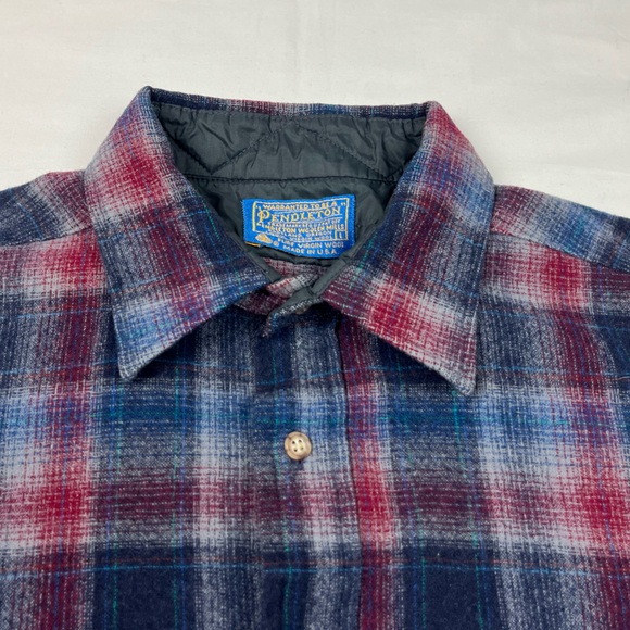 Vtg Pendleton Mens Flannel Shirt Sz Large Pure Virgin Wool Plaid Blue/Red B5 - Picture 5 of 8